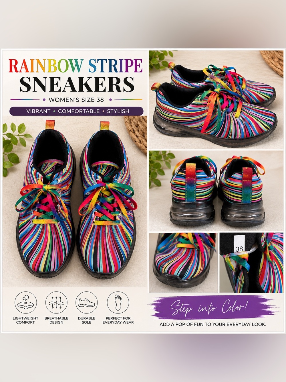 Women’s Rainbow Stripe Sneakers - Vibrant Multicolor